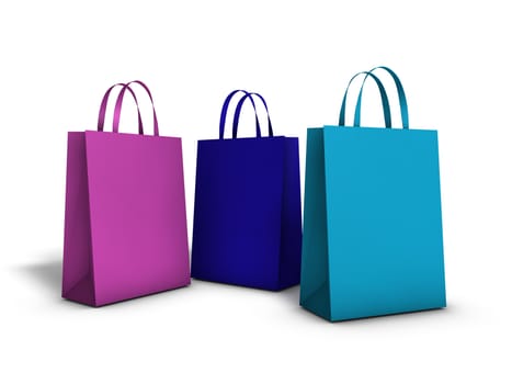 Colouful shopping bags with blank frontal space for your copy and text on white background.