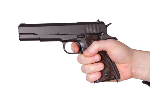 man, getting on the hip a pistol, on a white background