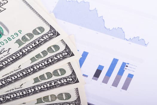 One hundred dollar banknotes on chart graphs.