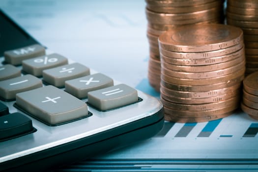 Financial concept, chart graphs, coins and calculator.