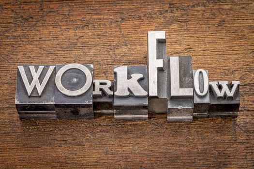 workflow word in mixed vintage metal type printing blocks over grunge wood