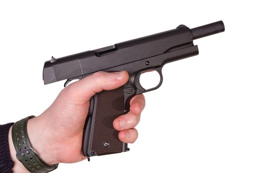 man, getting on the hip a pistol, on a white background