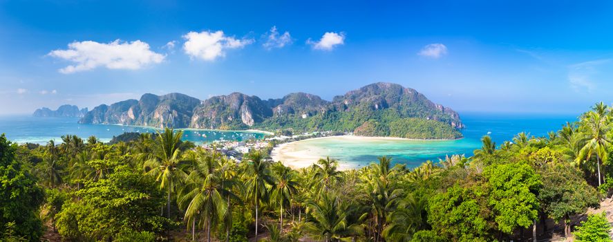 Panoramic view of lush green picture perfect tropical island, Phi-Phi Don, Thailand.