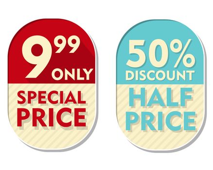9,99 only, 50 percent discount, special and half price text banners, two elliptic flat design labels, business shopping concept
