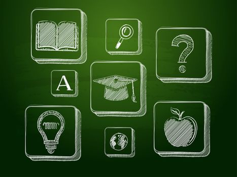 education signs - white chalk symbols over green blackboard, learning concept icons