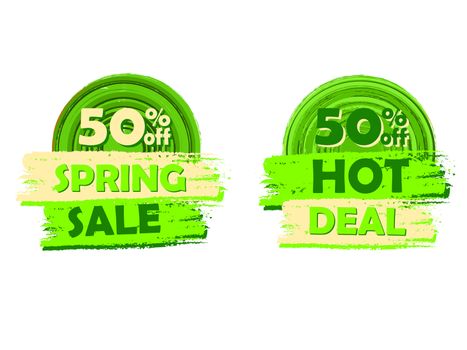 50 percentages off spring sale and hot deal banners - text in green circular drawn labels, business seasonal shopping concept