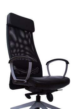 Side view of black and comfortable leather boss seat, isolated on white background.