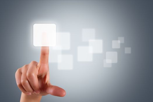 Young female hand pressing or touching blank virtual modern buttons on digital screen interface.
