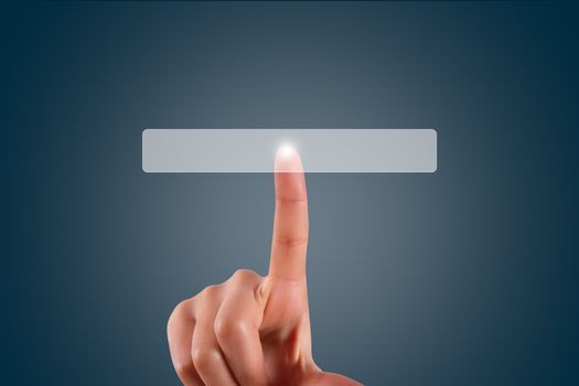 Young female hand finger touching or pressing blank button on digital screen on dark background with copy space area.