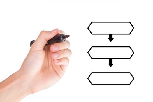 Young hand holding marker and drawing blank flow chart with space for text, isolated on white background.