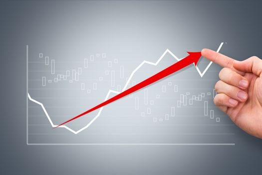 Business and finance concept, young male hand showing graph chart with red arrow on digital screen.