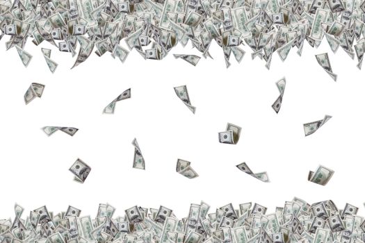 Group of one hundred dollar banknotes flying and falling down, isolated on white background.