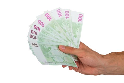 Male hand holding one hundred euro money banknotes, isolated on white background.