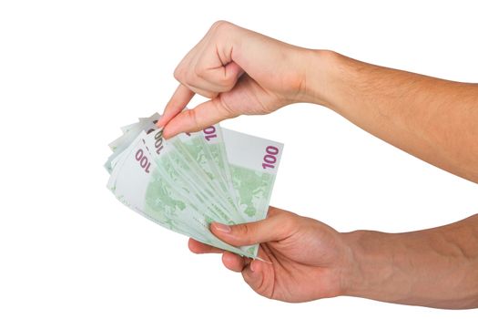 Male hand holding one hundred euro money banknotes, isolated on white background.