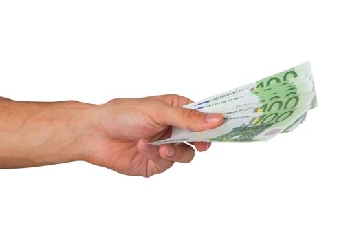 Male hand holding one hundred euro money banknotes, isolated on white background.