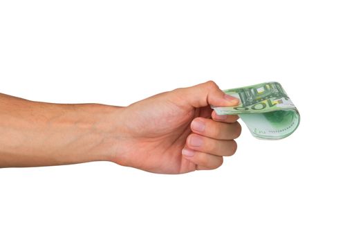 Male hand holding one hundred euro money banknotes, isolated on white background.
