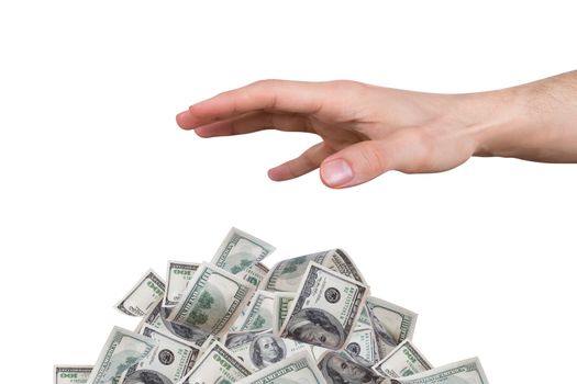 Young male hand trying to reach and catch one hundred dollar money banknotes, isolated on white background.