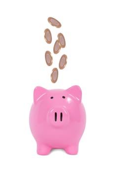Saving finance concept, coins and pink piggy bank, isolated on white background.