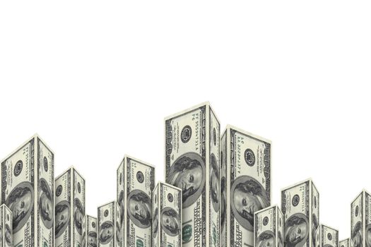 Skyscraper buildings made from one hundred dollar money banknotes, isolated on white background.