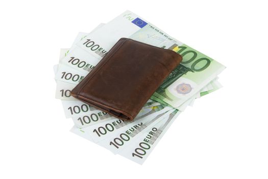 One hundred euro banknotes and brown business wallet, isolated on white background.