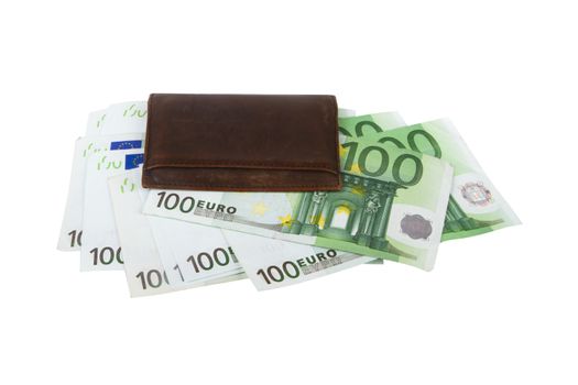 One hundred euro banknotes and brown business wallet, isolated on white background.