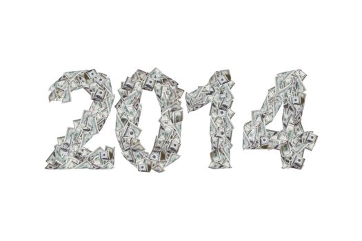 Future concept, year 2014 numbers with flying one hundred dollar banknotes, isolated on white background.