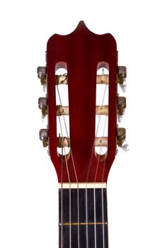 Front view of wooden classical acoustic guitar, isolated on white background.