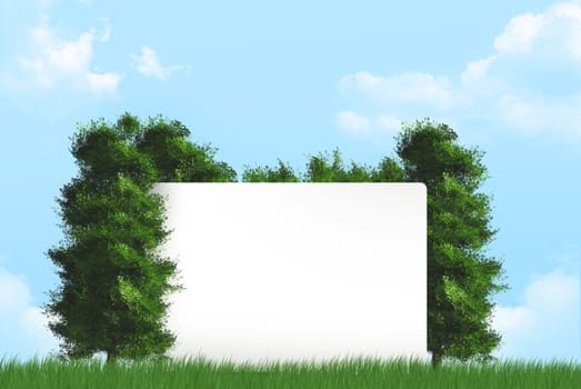Blank empty white card with green trees and grasses on cloudy background.