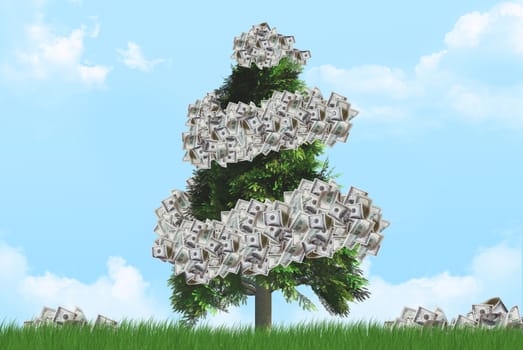 Tree and grasses with one hundred dollar banknotes on blue cloudy background.