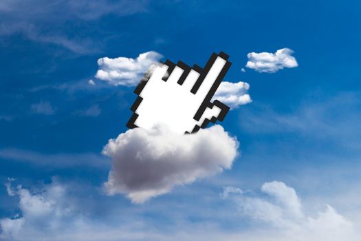 Hand mouse cursor in cloud on sky.