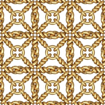Seamless pattern of gold wire mesh or fence on white background. High resolution 3D image