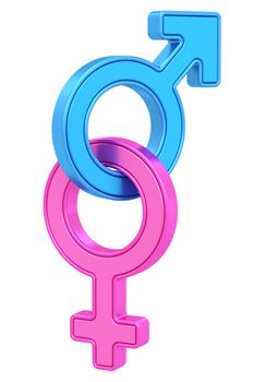 Male and female gender symbols chained together on white background. High resolution 3D image