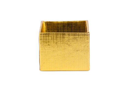 Open, golder colored, empty gift box, isolated on white background.