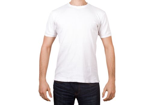 White tshirt template on young man for your design, front view, isolated on white background.