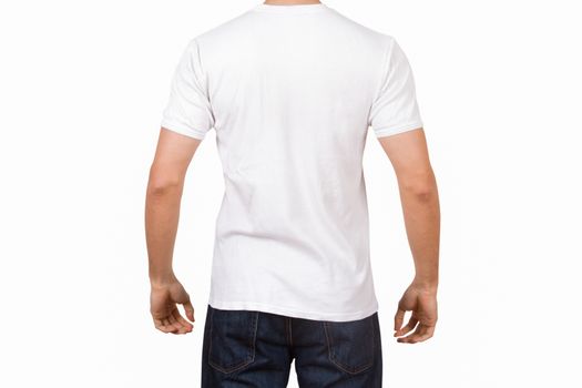 White tshirt template on young man for your design, back view, isolated on white background.
