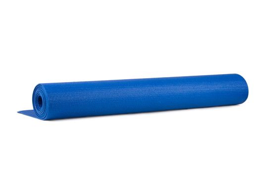 Blue rolled yoga or pilates mat for exercise, isolated on white background.