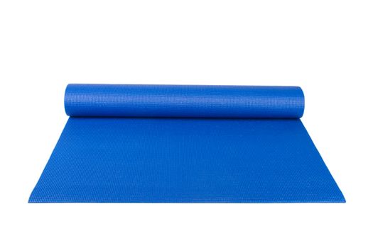 Front view of blue rolled yoga, pilates or fitness mat for exercise, isolated on white background.