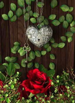 Roses and a heart with key on wooden board, conceptual holiday background