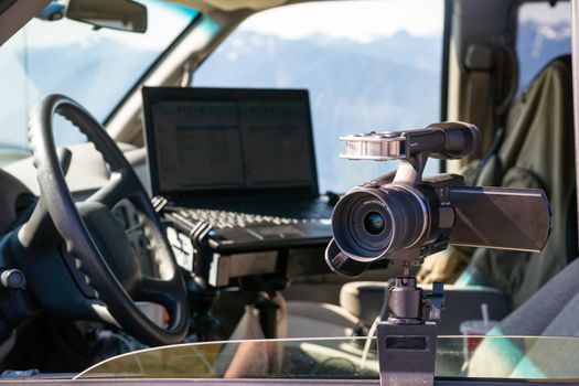 Camera and Laptop mounted on van window