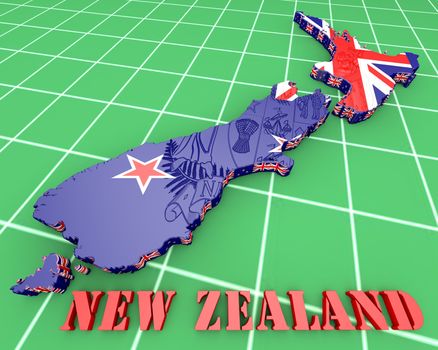 3D map illustration of New Zealand with coat of arms