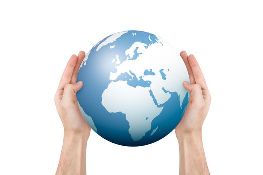 Male hands holding and protecting earth map globe, isolated on white background.