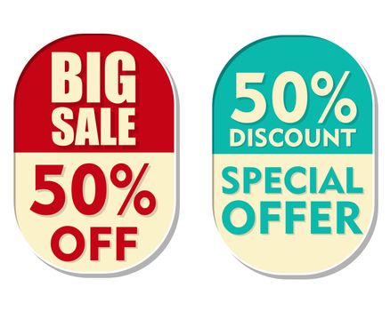 50 percent off discount, big sale and special offer text banners, two elliptic flat design labels, business shopping concept