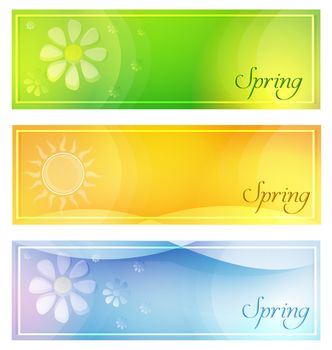 text spring with sun and flowers in banners with frame over green yellow and blue backgrounds, seasonal flat design labels