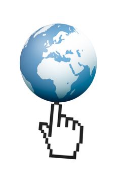 Computer mouse hand cursor symbol pointing earth map globe, isolated on white background.