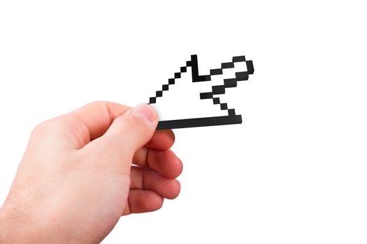 Hand holding computer mouse arrow cursor icon, isolated on white background.