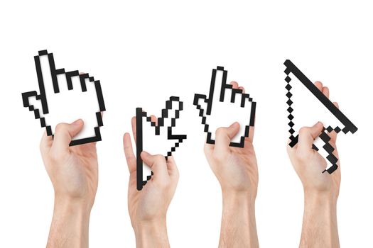 Group of hands holding computer mouse hand and arrow cursor symbols, isolated on white background.