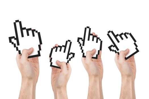 Group of hands holding computer mouse hand cursor symbols, isolated on white background.