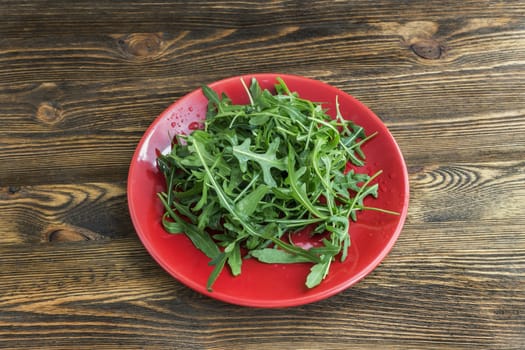 arugula lettuce on a red plate on a wooden background