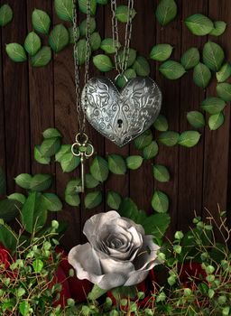 Roses and a heart with key on wooden board, conceptual holiday background