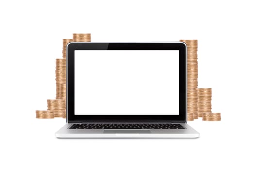 Finance concept, computer laptop with blank, white screen and coins, isolated on white background.